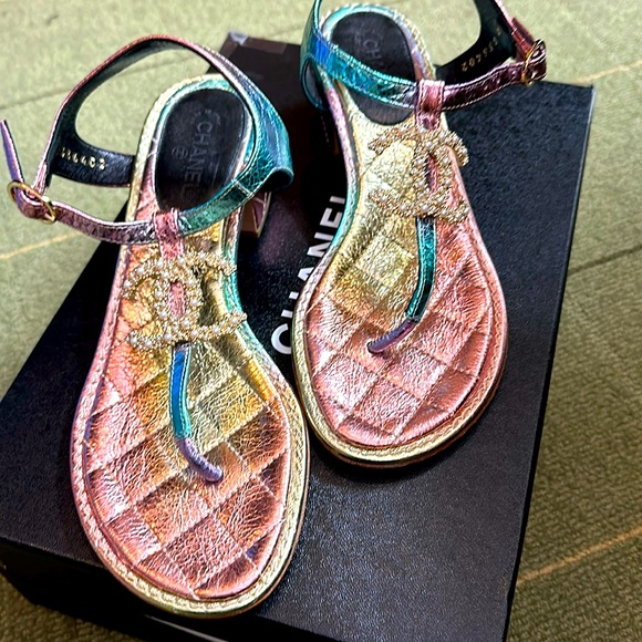 CHANEL Shoes - New Chanel Fantasy goatskin multic metallic with pearl CC center.  Full set